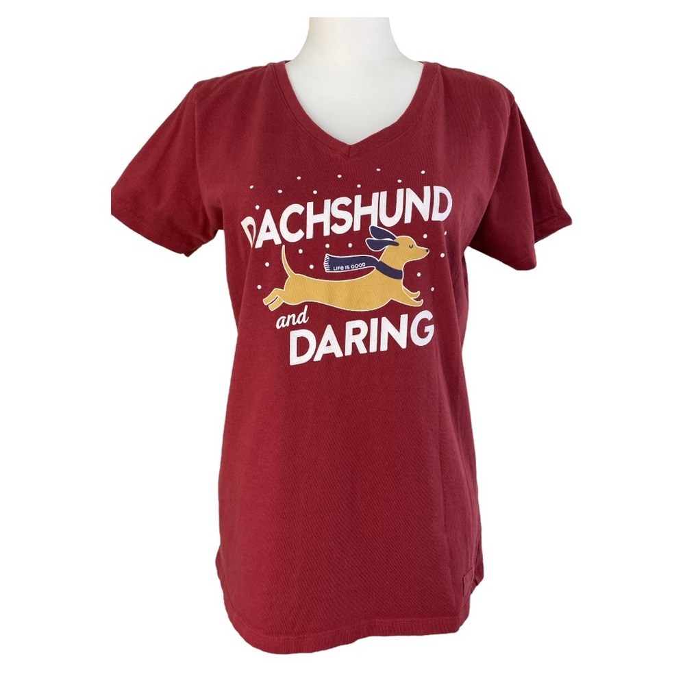Life is‎ Good "Dachshund and Dashing" Graphic Dog Short Sleeve Tee Red Size M